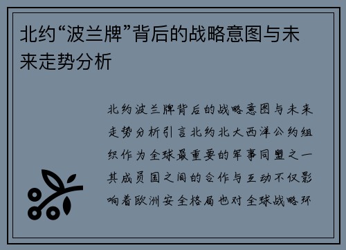 北约“波兰牌”背后的战略意图与未来走势分析