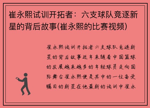 崔永熙试训开拓者：六支球队竞逐新星的背后故事(崔永熙的比赛视频)