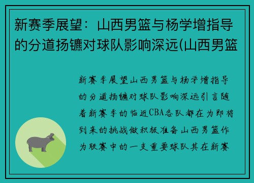 新赛季展望：山西男篮与杨学增指导的分道扬镳对球队影响深远(山西男篮张学文图片)