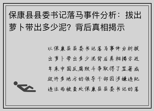 保康县县委书记落马事件分析：拔出萝卜带出多少泥？背后真相揭示