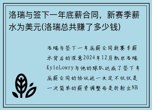 洛瑞与签下一年底薪合同，新赛季薪水为美元(洛瑞总共赚了多少钱)