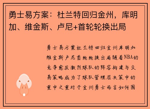 勇士易方案：杜兰特回归金州，库明加、维金斯、卢尼+首轮轮换出局