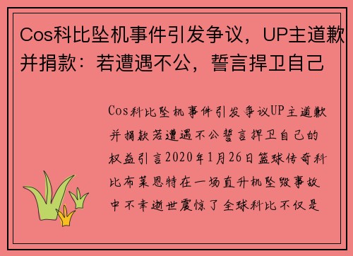 Cos科比坠机事件引发争议，UP主道歉并捐款：若遭遇不公，誓言捍卫自己的权益