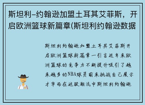 斯坦利-约翰逊加盟土耳其艾菲斯，开启欧洲篮球新篇章(斯坦利约翰逊数据)