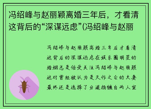 冯绍峰与赵丽颖离婚三年后，才看清这背后的“深谋远虑”(冯绍峰与赵丽颖离了吗)
